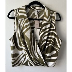 Joie Faux Wrap Sleeveless Top Green Animal Print Large NEW